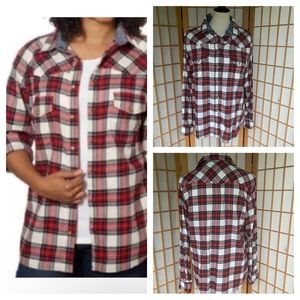 Jachs Girlfriend Plaid Snap Front Long Sleeve Shirt Red Cotton SZ L